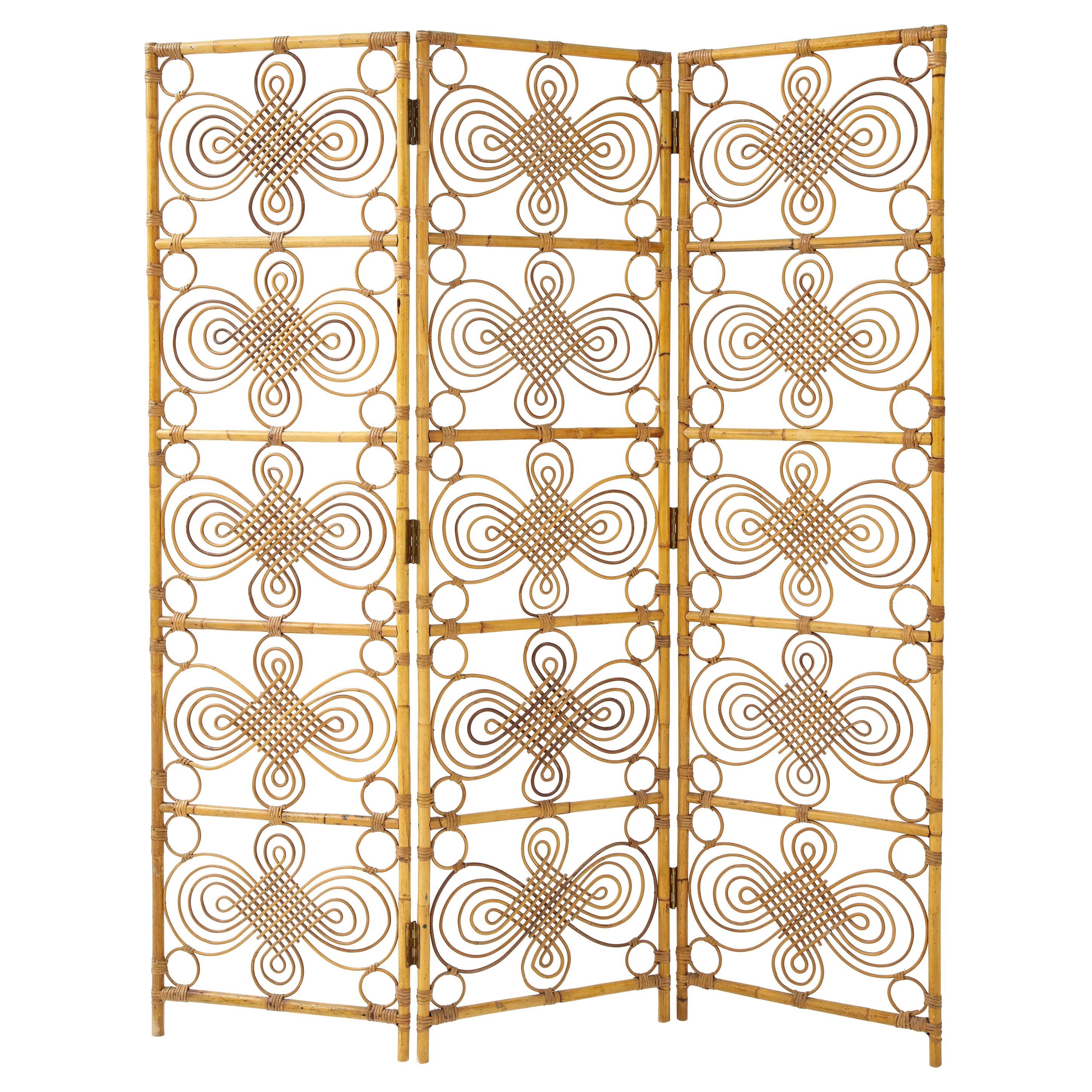 Italian 1970's Three Panel Bamboo Decorative Screen For Sale