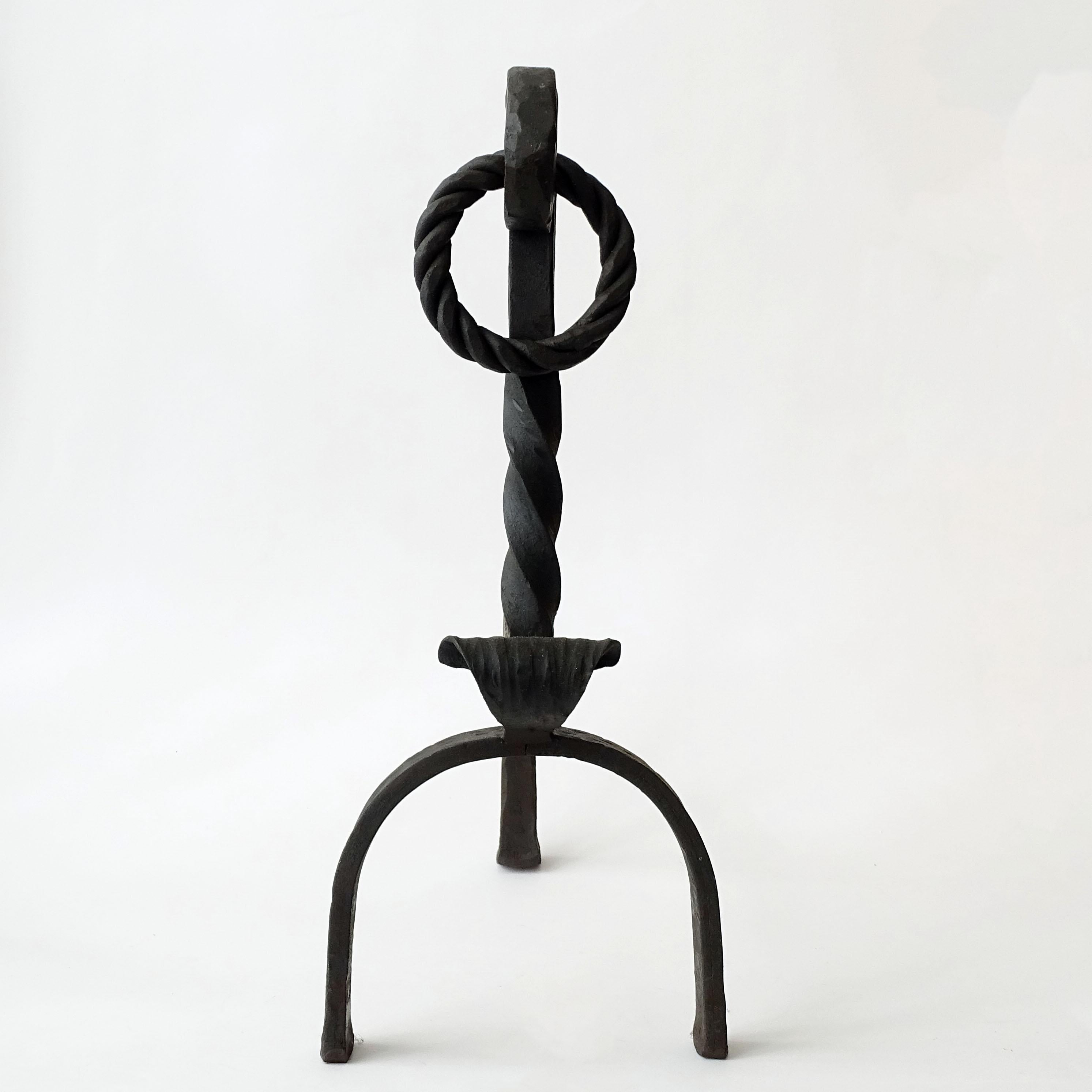 Italian 1970s Torchon Ring Wrought Iron Andirons