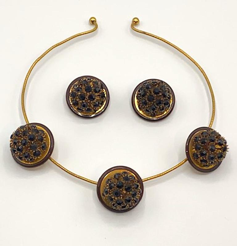 Italian 1970s Torque Necklace & Earrings with Black Rhinestone Flower Accents 9