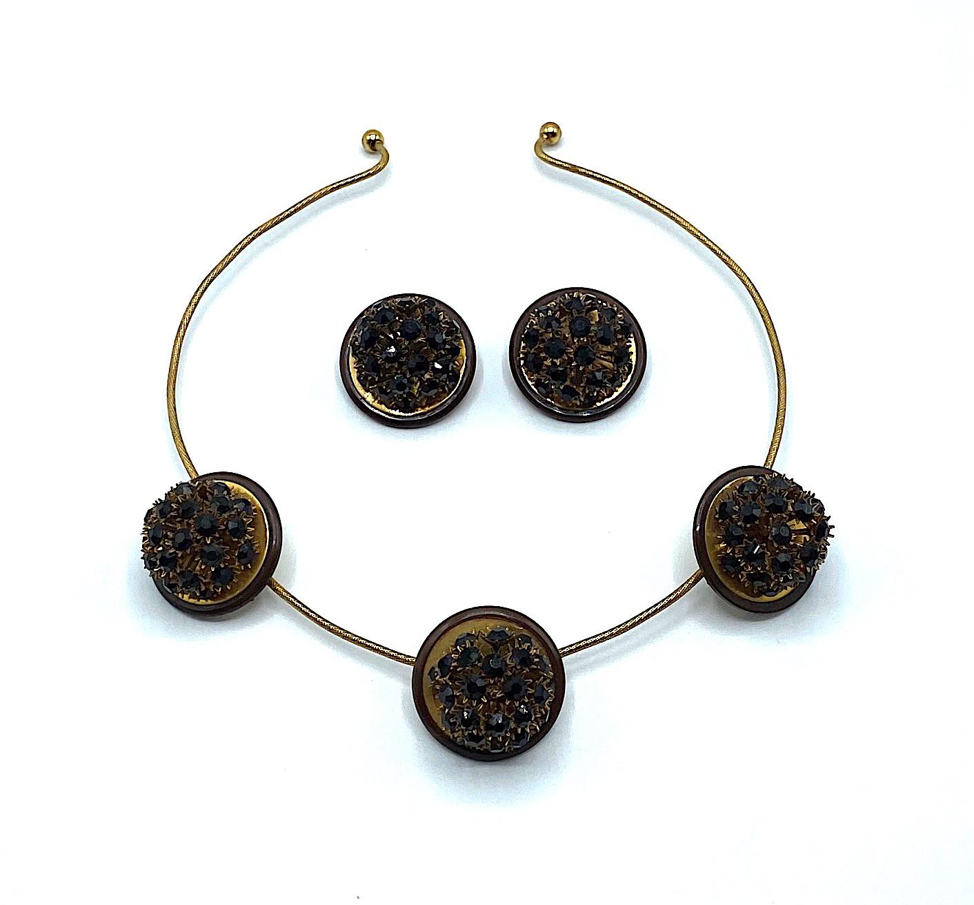 Italian 1970s Torque Necklace & Earrings with Black Rhinestone Flower Accents In Good Condition In New York, NY