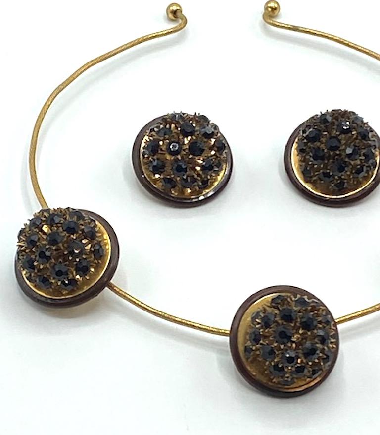 Women's Italian 1970s Torque Necklace & Earrings with Black Rhinestone Flower Accents
