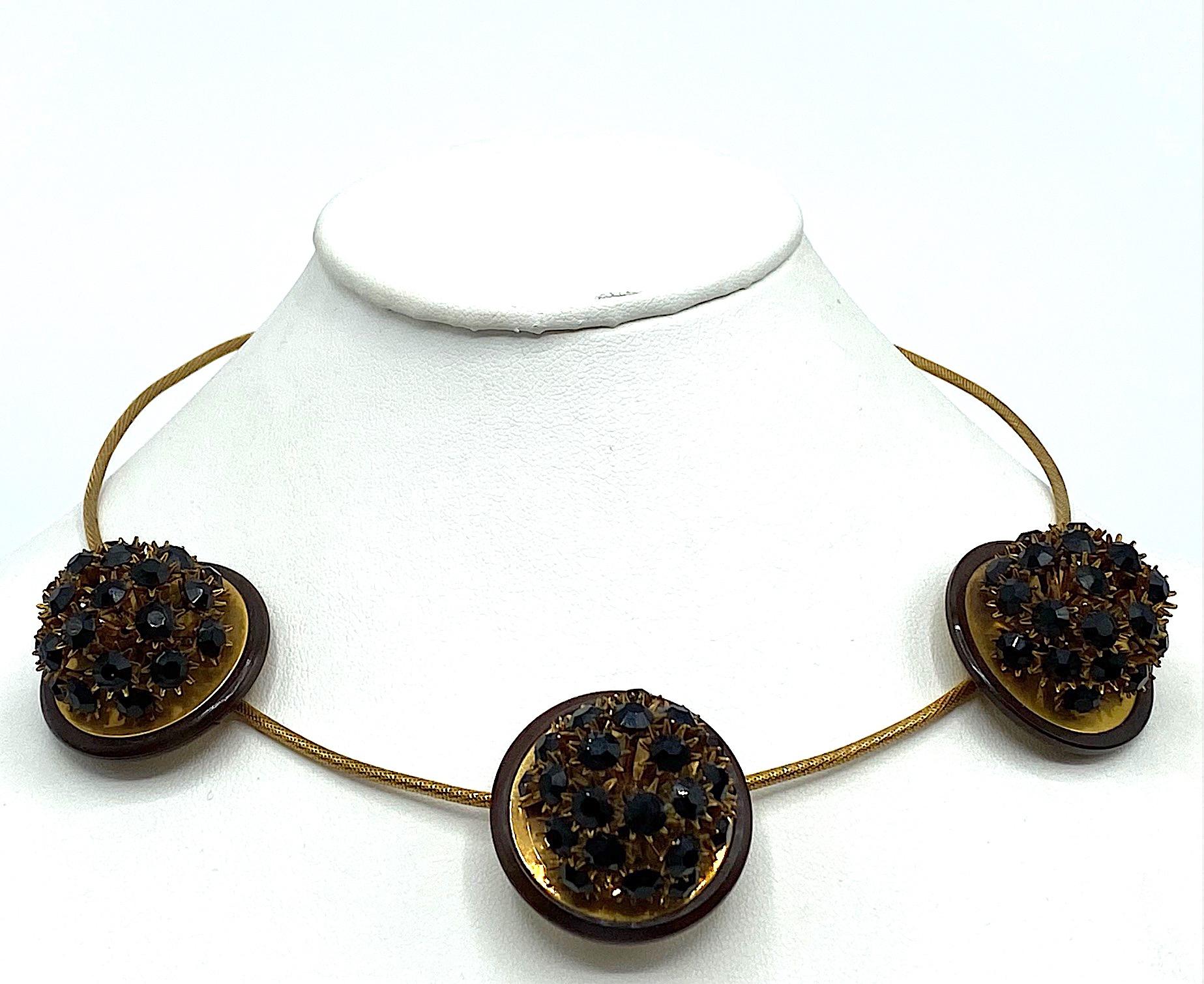 Italian 1970s Torque Necklace & Earrings with Black Rhinestone Flower Accents 3