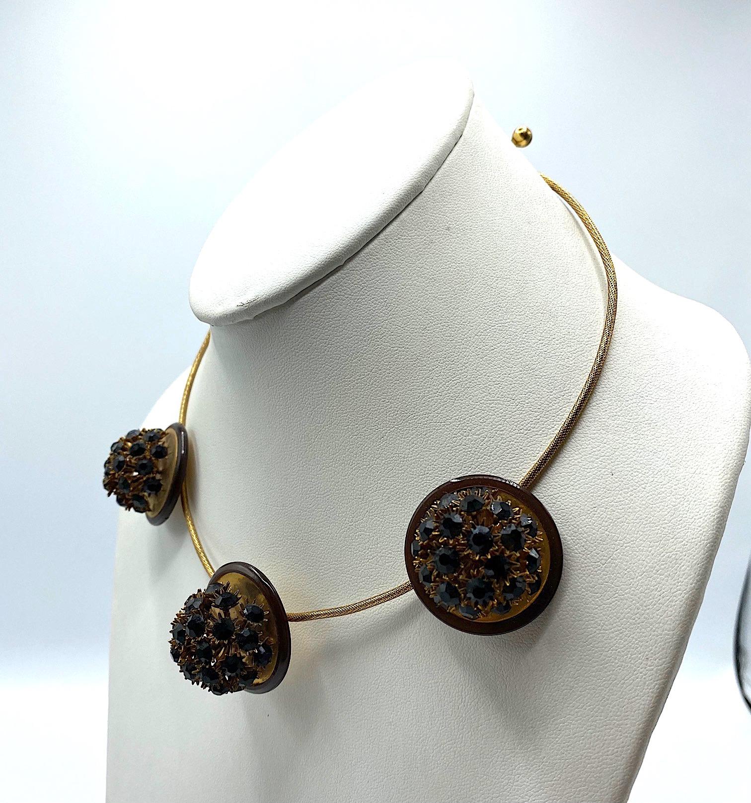 Italian 1970s Torque Necklace & Earrings with Black Rhinestone Flower Accents 4