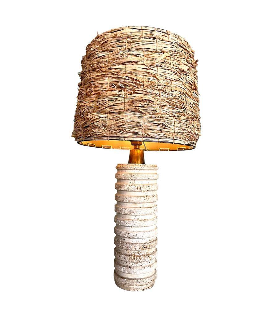 An Italian 1970s ridged travertine lamp by Fratelli Mannelli with with brass top and rewired with new brass fittings, antique cord flex and PAT tested.