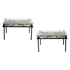 Italian 1970's Unique Pottery Metal & Glass Pair of Cocktail Tables