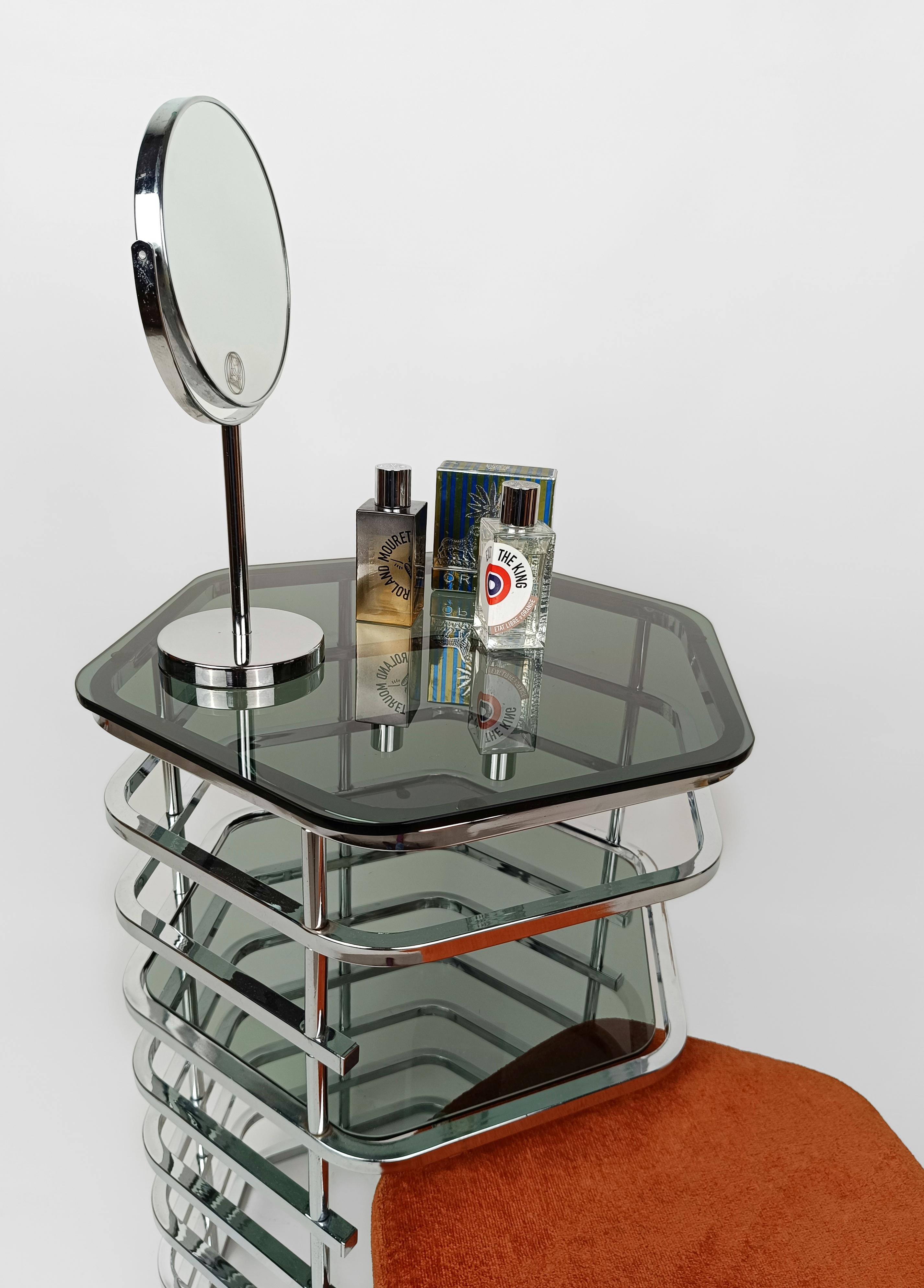 20th Century Italian 1970s Vanity Table & Seat made in chrome and smoked glass For Sale