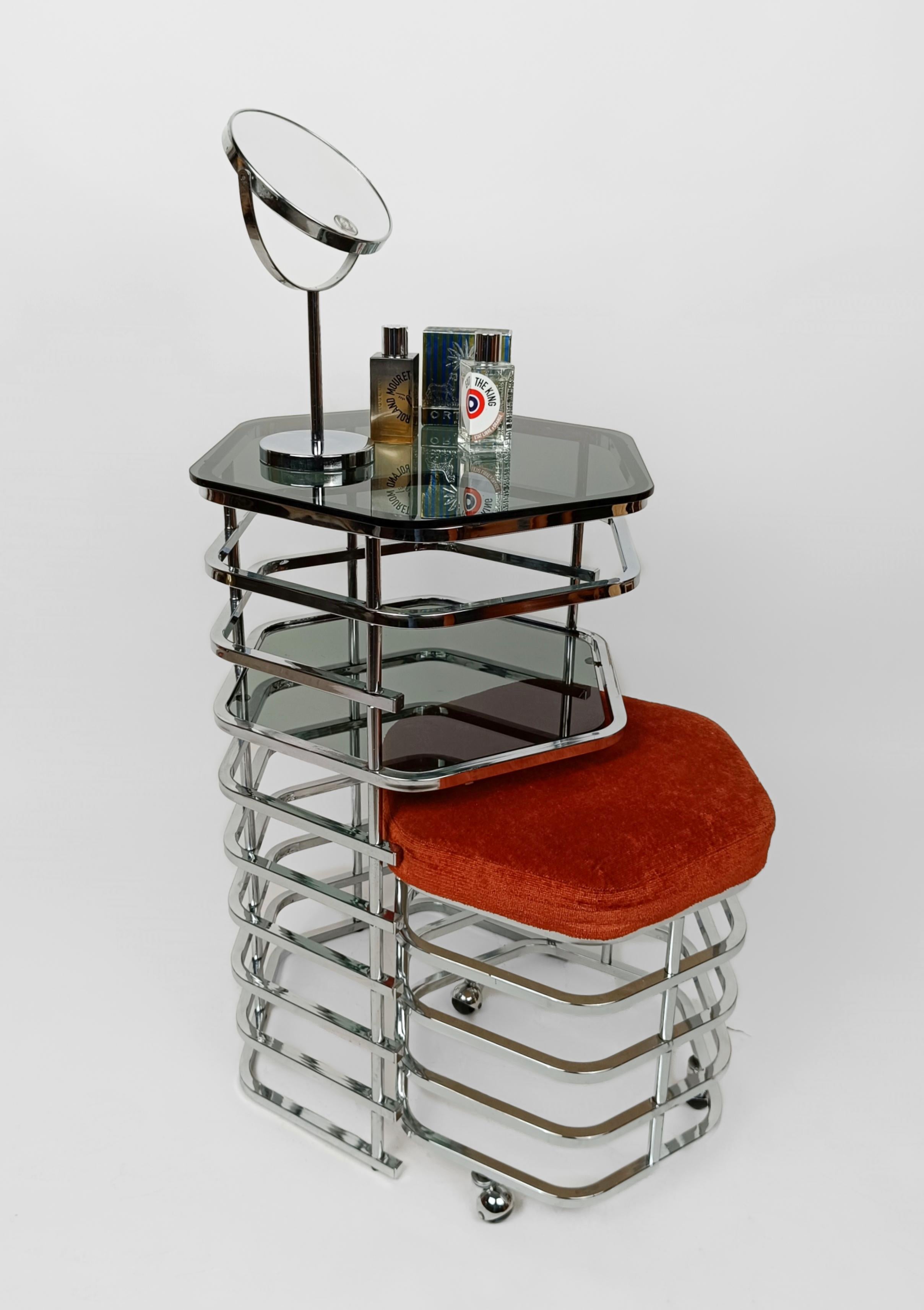 Smoked Glass Italian 1970s Vanity Table & Seat made in chrome and smoked glass For Sale
