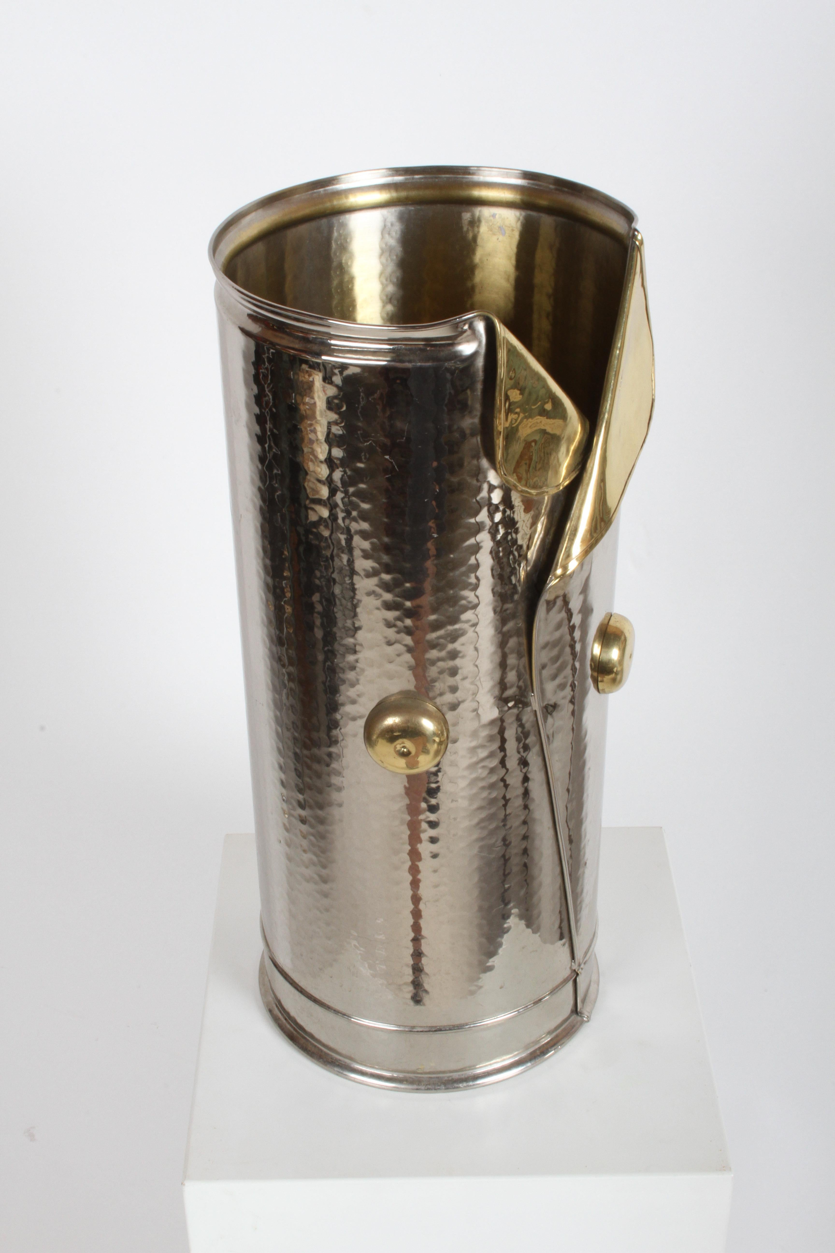 Nickel & brass hammered exterior umbrella stand or holder from the 1970s or early 1980s, in the form vest with buttons. Labeled Made in Italy. In the style of Gucci. Nice overall condition.