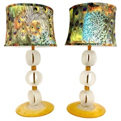 Italian 1970s Vintage Art Deco Pair of White Amber Gold Murano Glass Ring Lamps