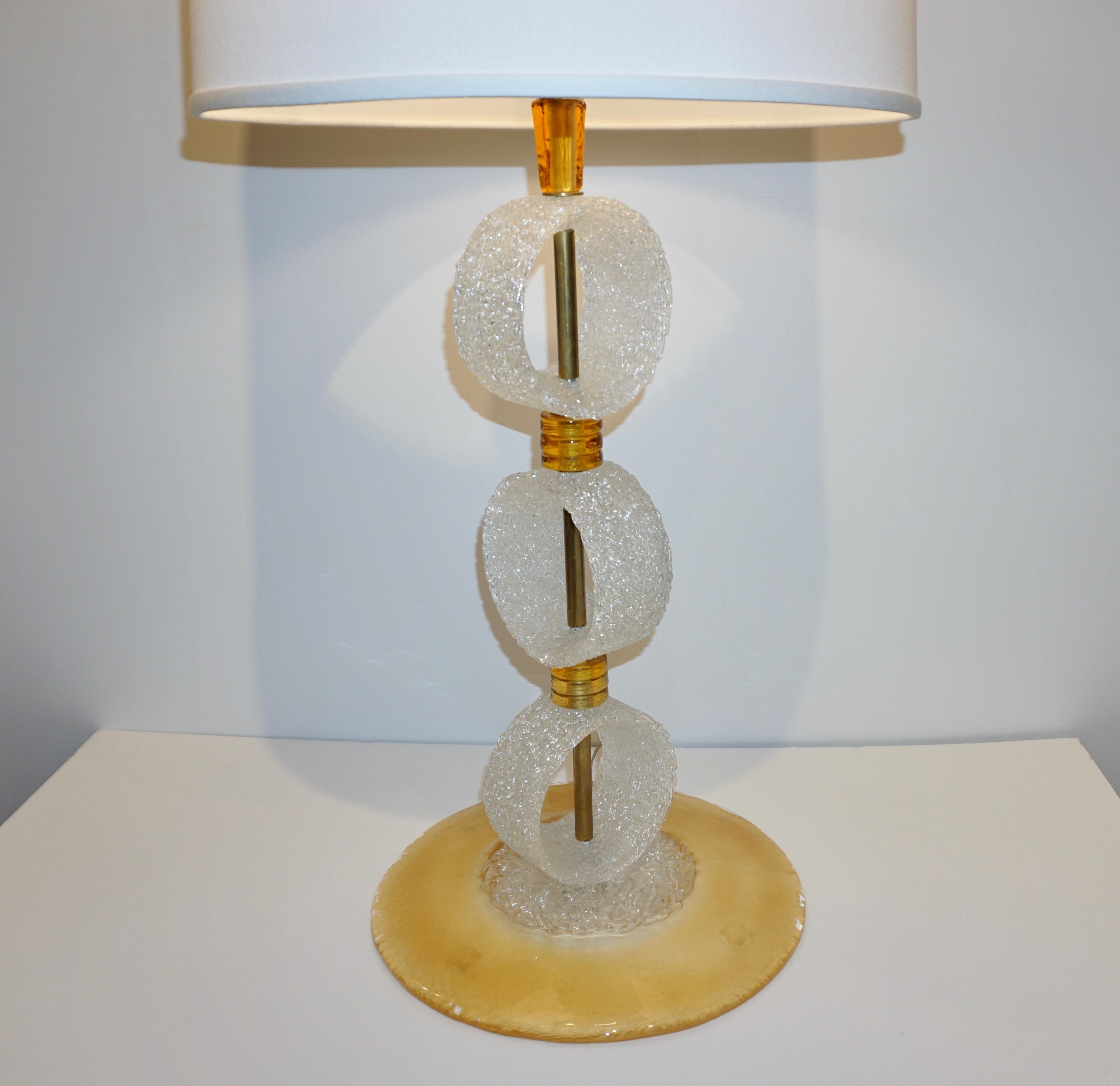 Italian 1970s Vintage Curved Pair of Brass & White Amber Gold Murano Glass Lamps 3