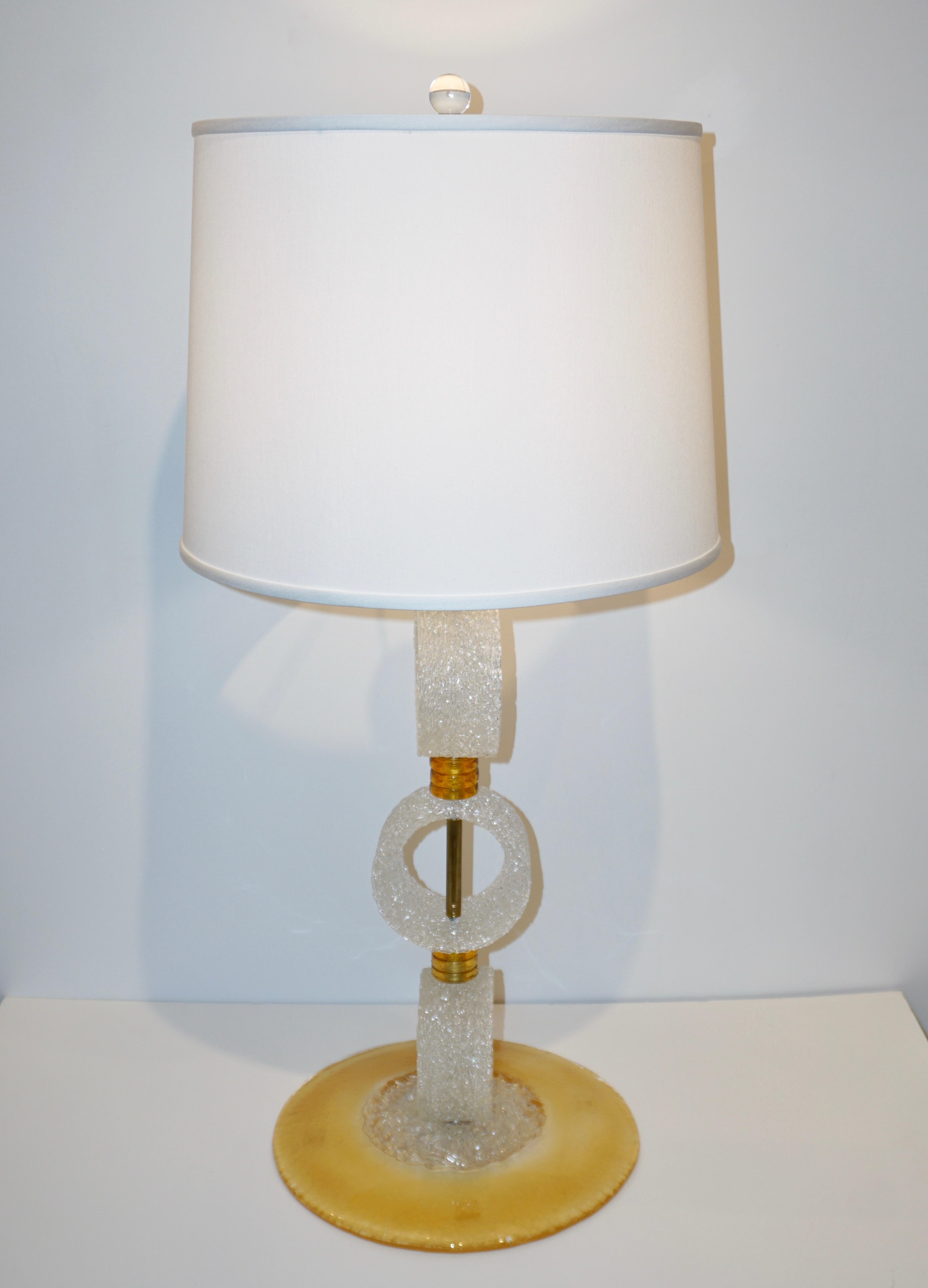 Italian 1970s Vintage Curved Pair of Brass & White Amber Gold Murano Glass Lamps 4