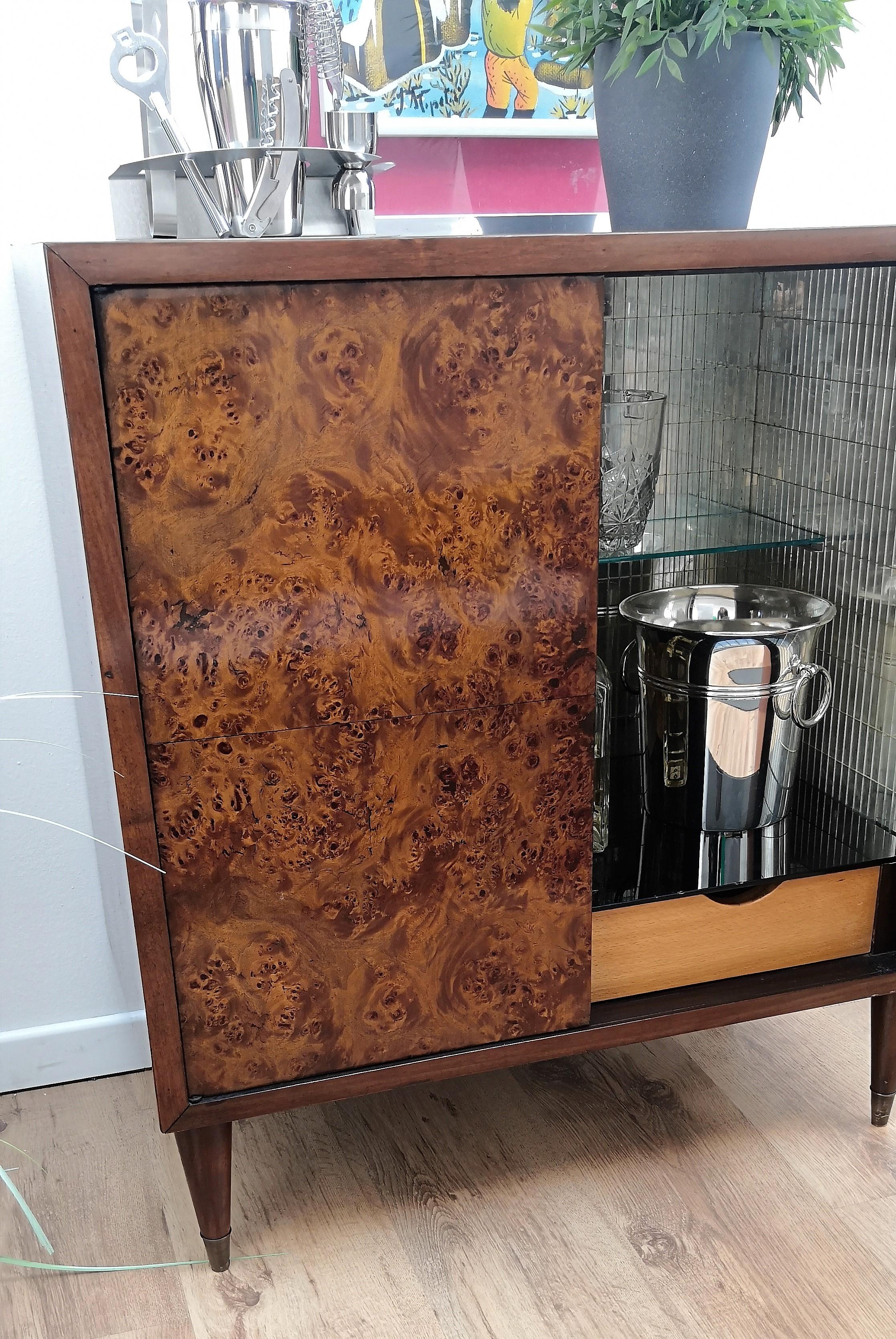 Italian 1970s Walnut Burl and Mirror Art Deco Midcentury Regency Dry Bar Cabinet 2