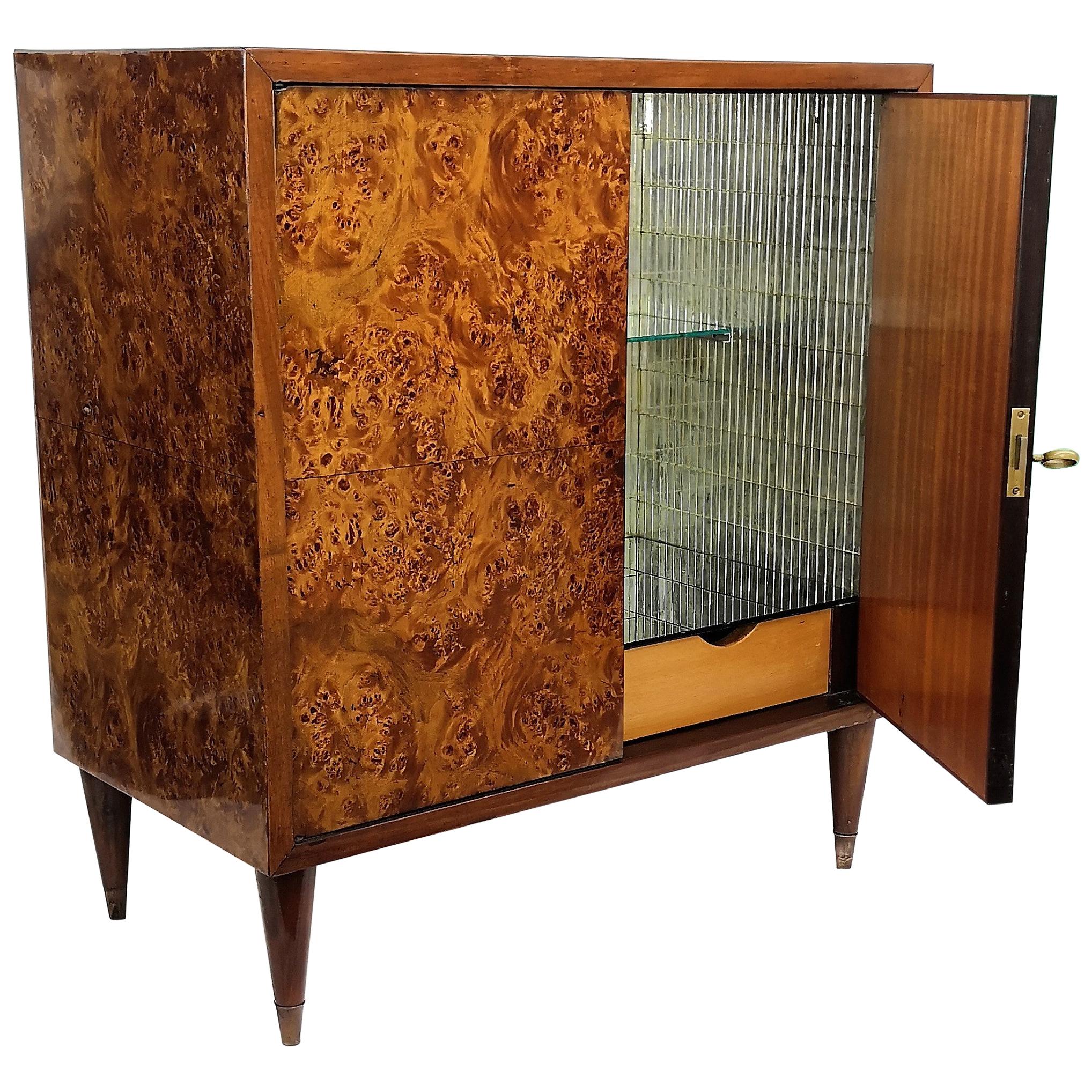 Italian 1970s Walnut Burl and Mirror Art Deco Midcentury Regency Dry Bar Cabinet