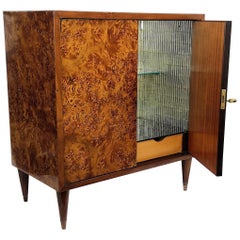 Italian 1970s Walnut Burl and Mirror Art Deco Midcentury Regency Dry Bar Cabinet