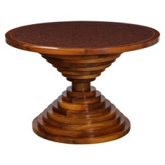 Italian 1970's Walnut Circular Dining Table with Marble Top