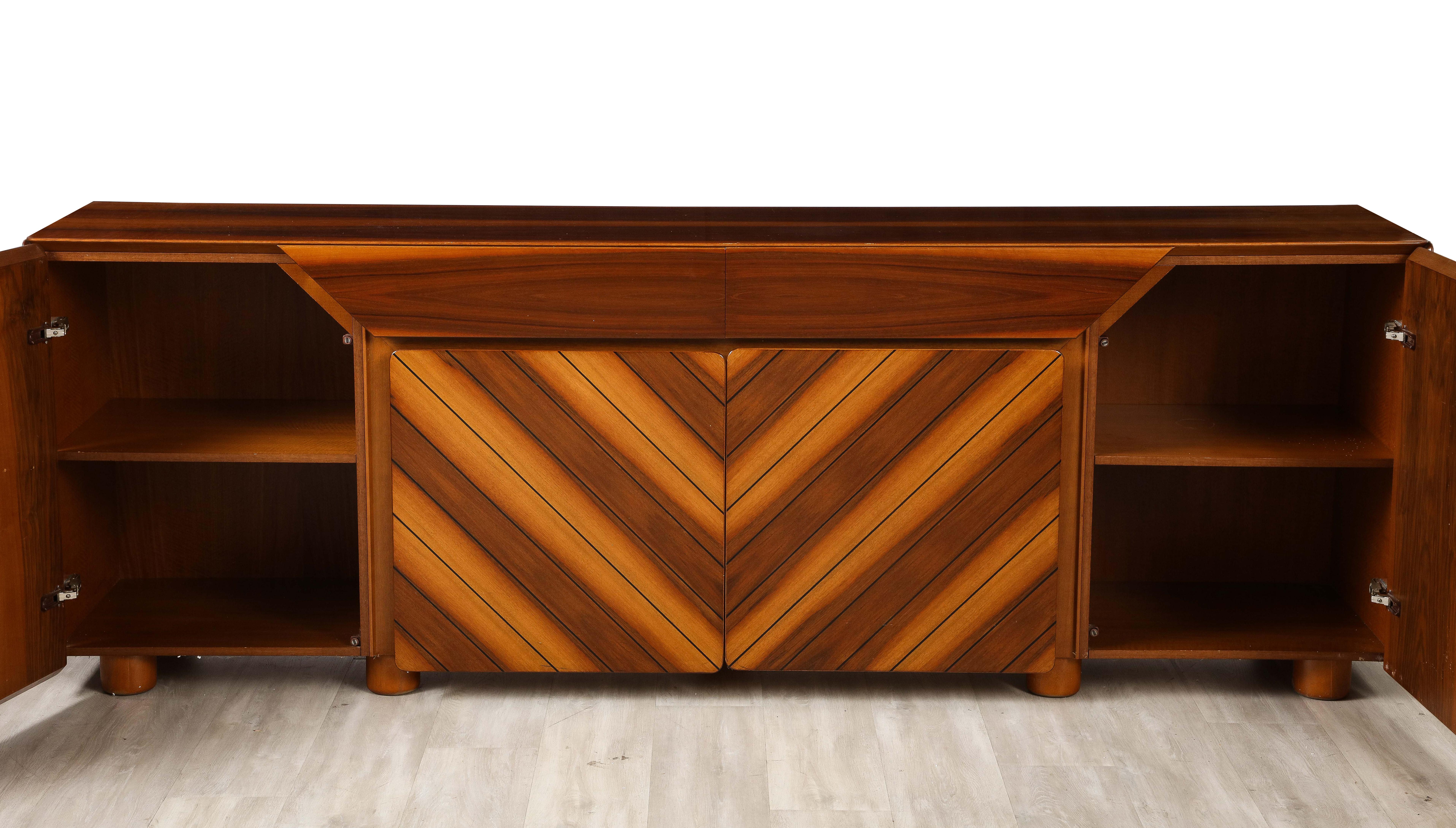 Satinwood Italian 1970's Walnut Credenza / Cabinet  For Sale