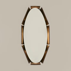 1970s Wooden Backlit Wall Mirror, Curved Oval Design, Italy