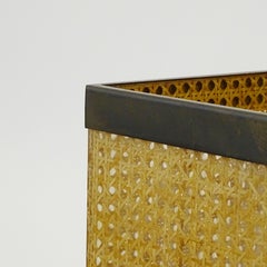 Italian 1970s Woven Cane in Lucite and Brass Waste Basket