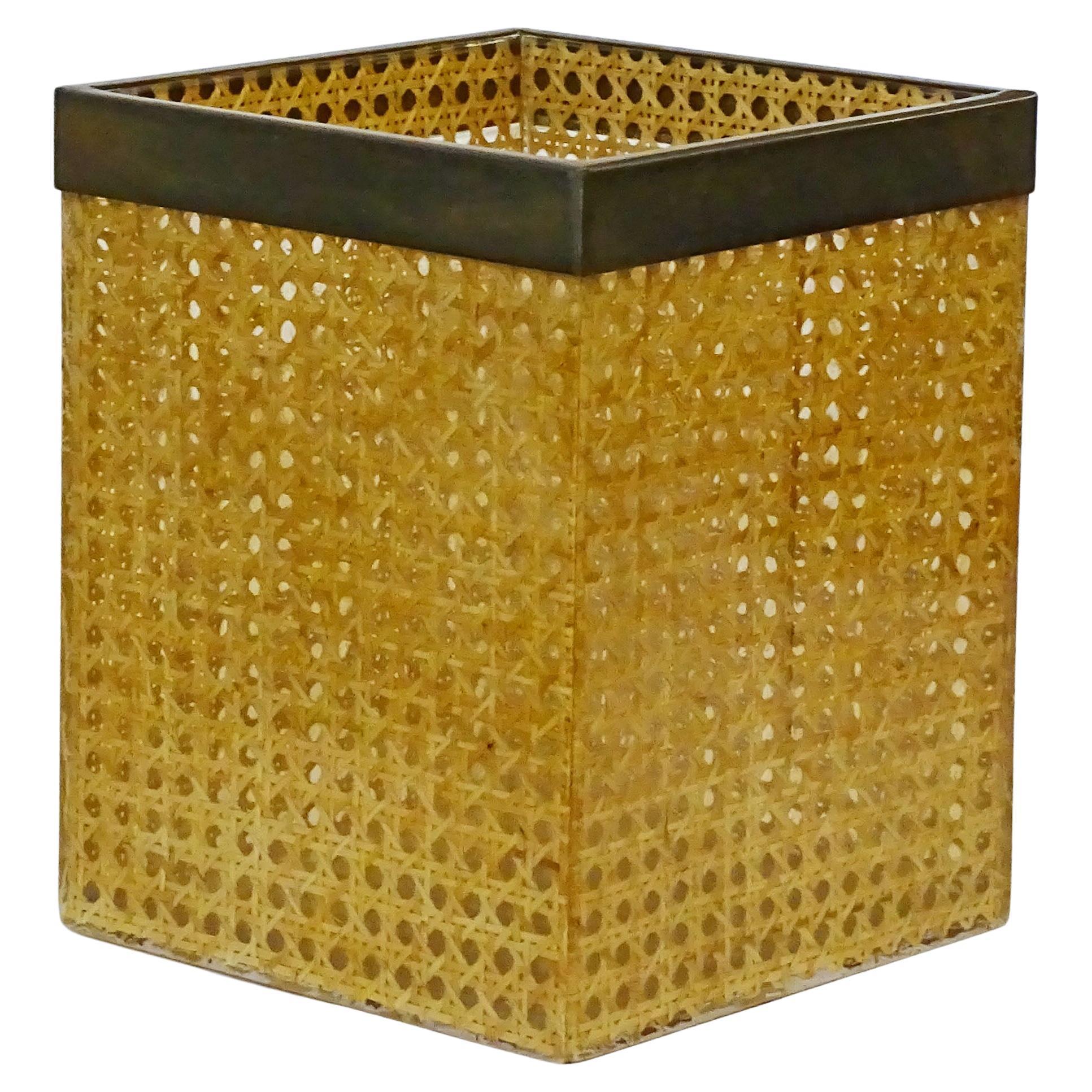 Italian 1970s Woven Cane in Lucite and Brass Waste Basket