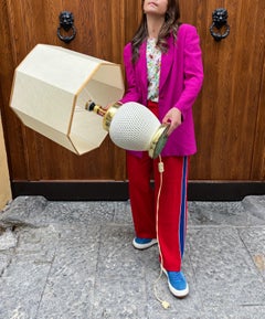 Lampada da tavolo XL italiana degli anni '70 con piede in porcellana