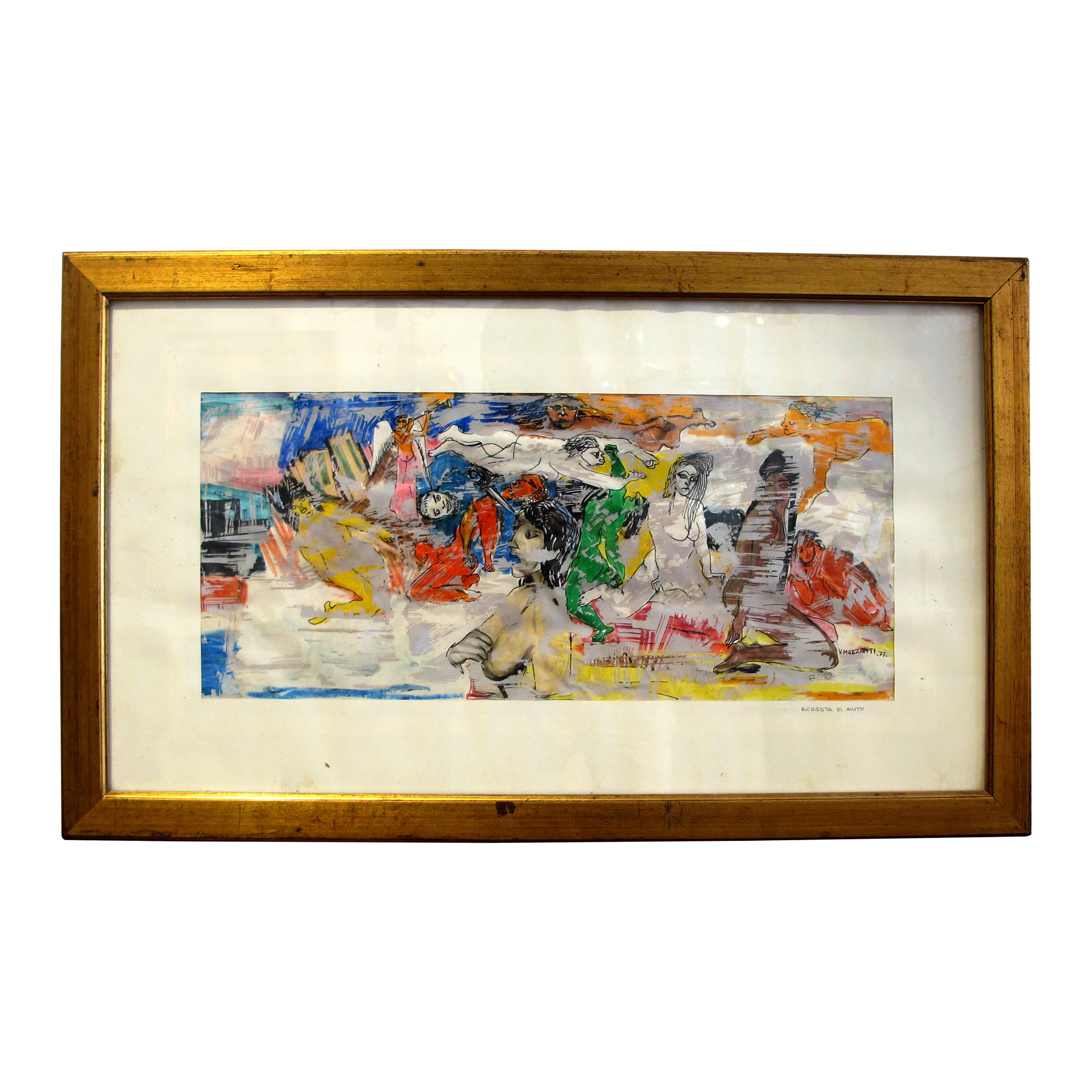 Mid-Century Modern Italian 1977 Set of Two Colourful Watercolours by Valerio Mazzanti For Sale