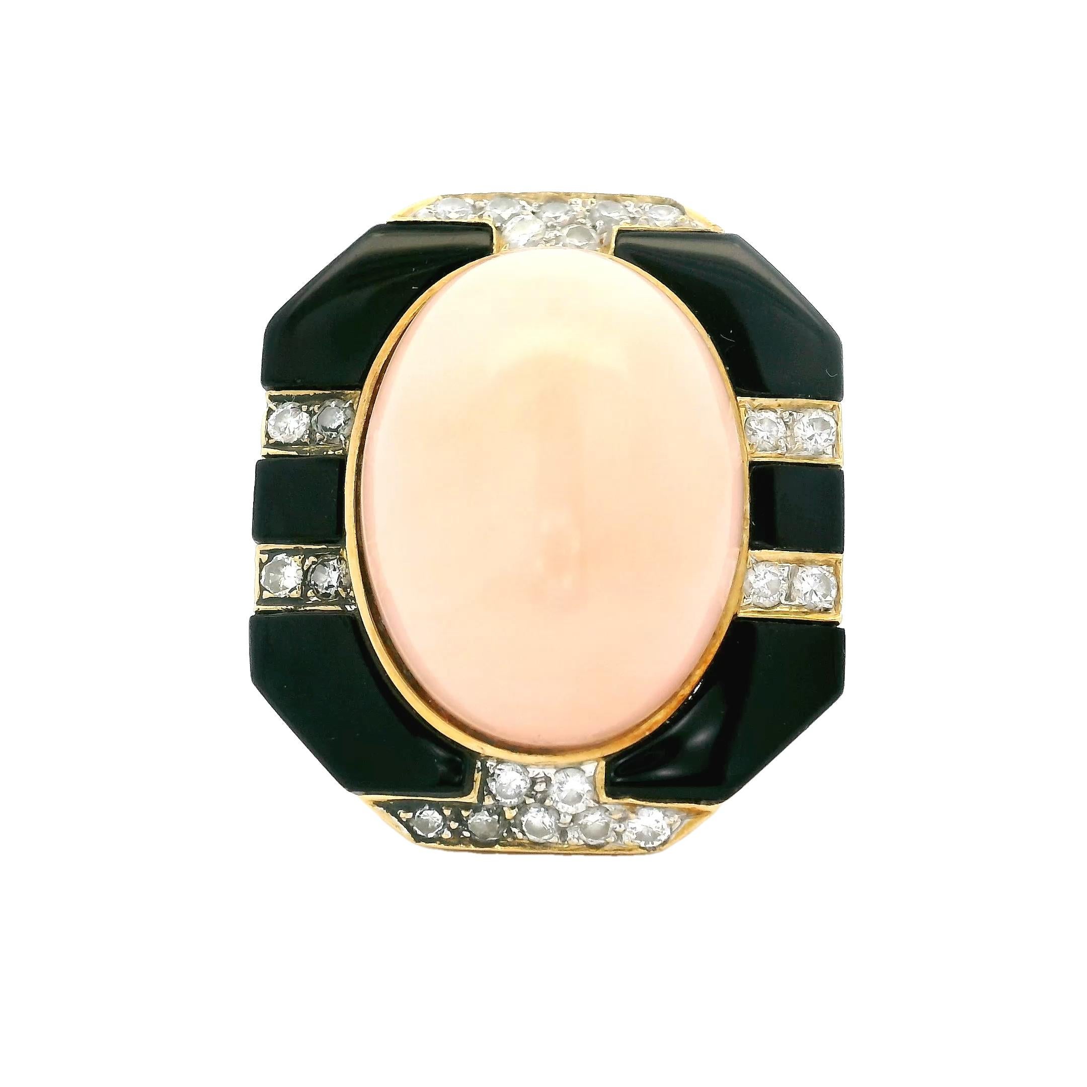 Italienischer 1980 Vintage 18K Gold Korallen Onyx und Diamant Statement Ring (Art déco) im Angebot