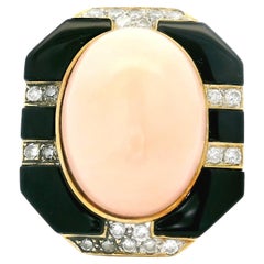 Italian 1980 Vintage 18K Gold Coral Onyx and Diamond Statement Ring