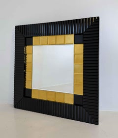 Italian 1980s Wall Mirror with Black Lacquered Frame and Gold Square Inserts