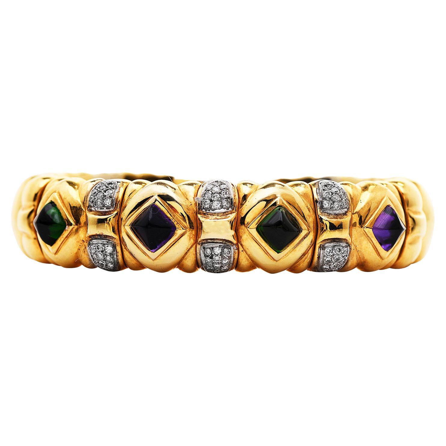 Italian 1980's Amethyst Diamond 18K Yellow Gold Wide Cuff Bangle Bracelet