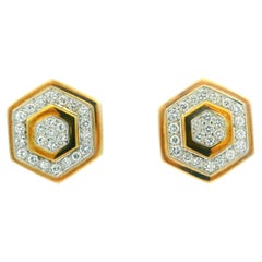 Italian 1980s Art Deco Revival Hexagonal Diamond Earrings in 18K Gold