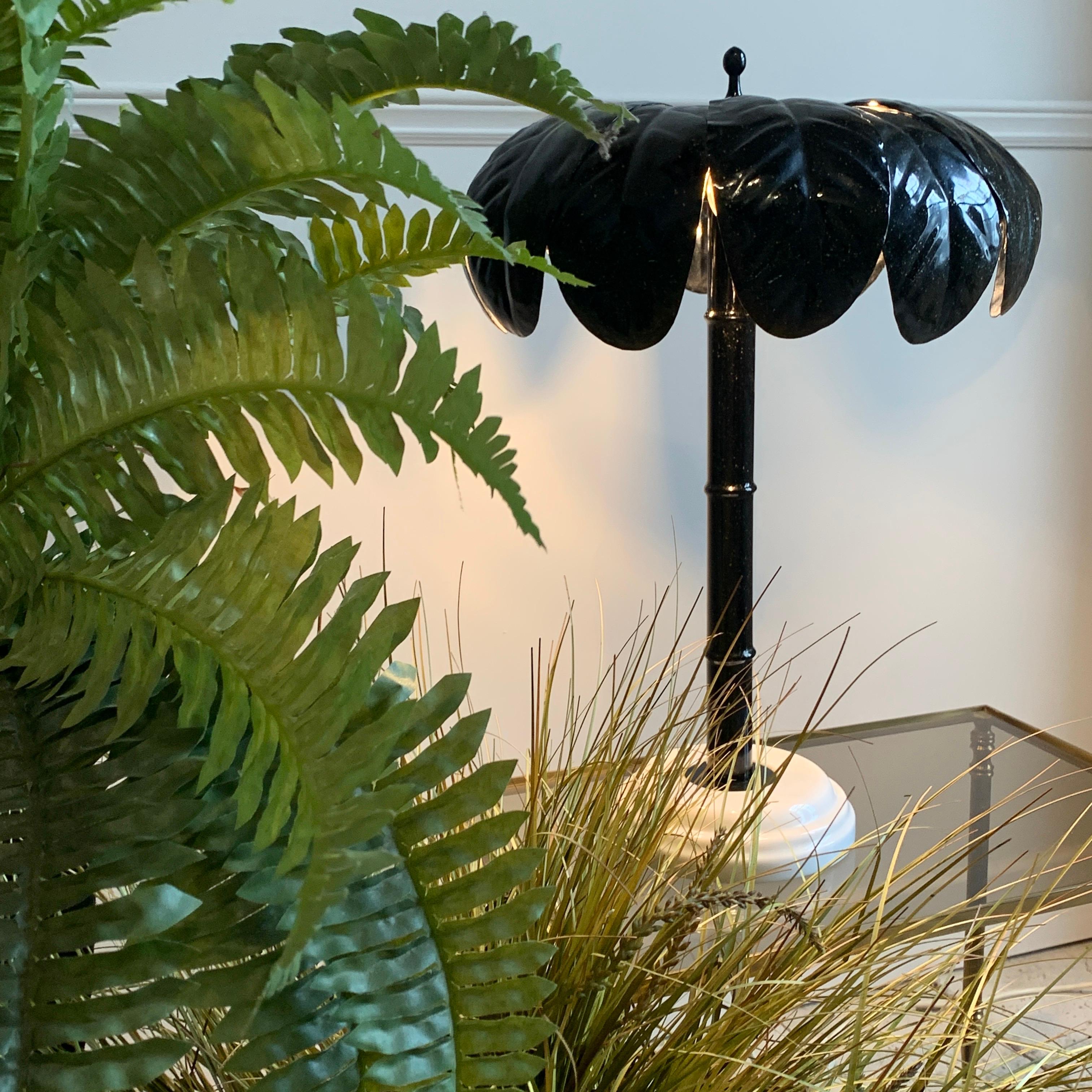 An absolutely wonderful metal palm tree lamp, original black paint, with gold flecks throughout, white marble base. Dating from the late 1970’s early 80’s this beautifully detailed palm tree lamp has 3 lamp holders, and is in superb vintage