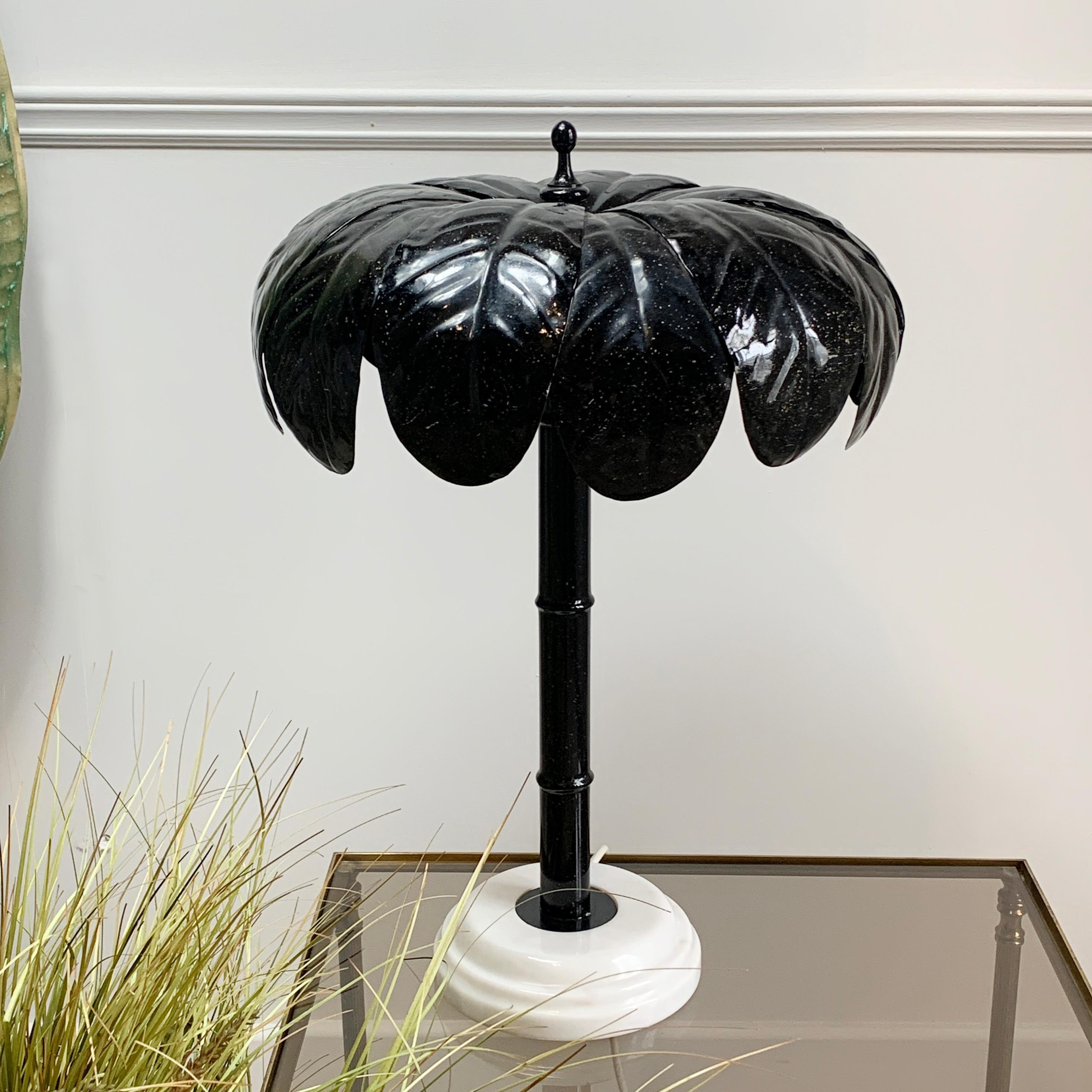 Hollywood Regency Italian 1980’s Black Palm Tree Lamp on a Marble Base For Sale