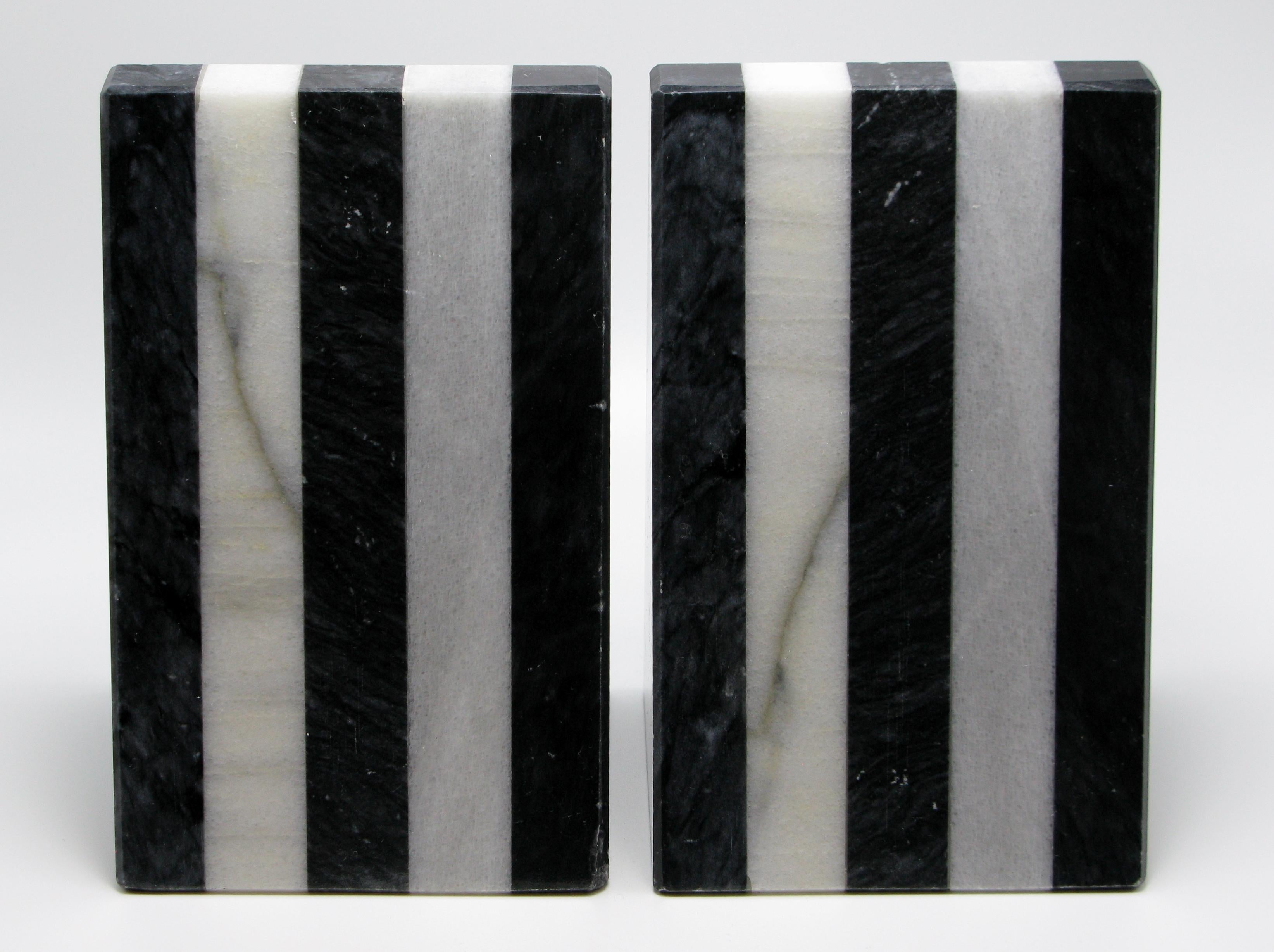 Pair of black and white stripe marble bookends. Italy, circa 1980s.
Each bookend measures 5.9