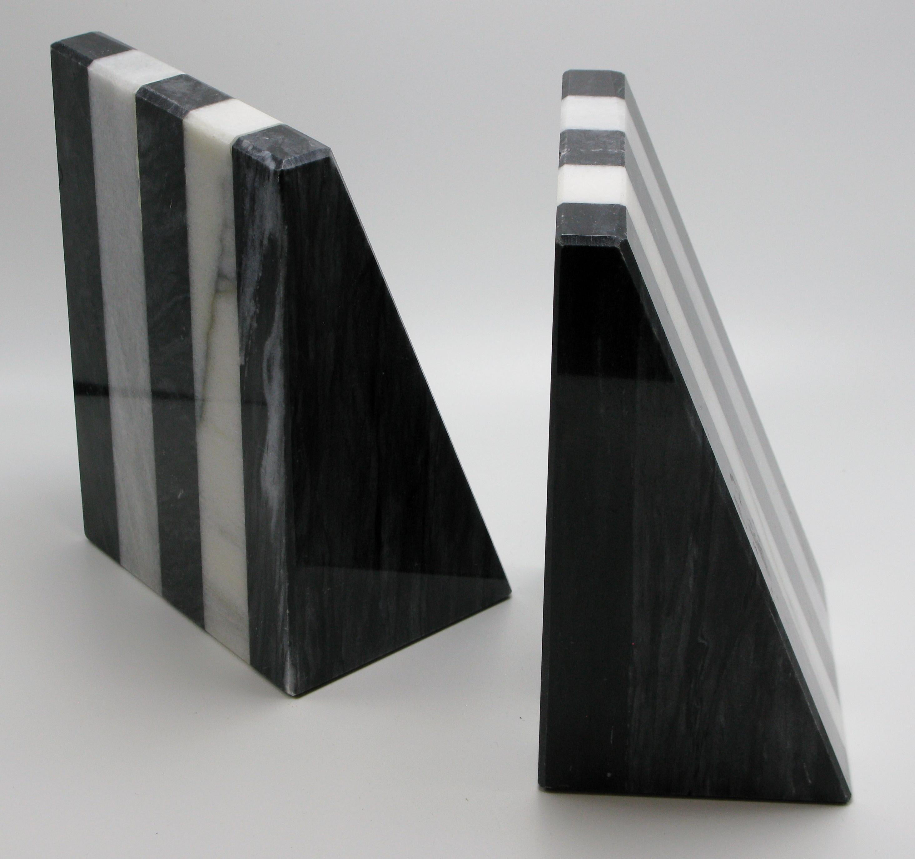 Mid-Century Modern Italian 1980s Black and White Stripe Marble Bookends