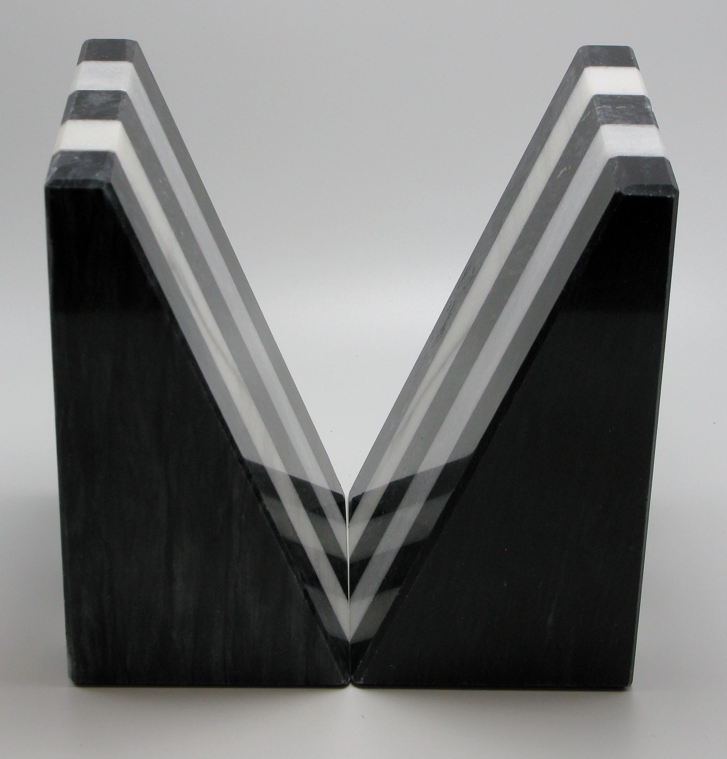 Hand-Carved Italian 1980s Black and White Stripe Marble Bookends