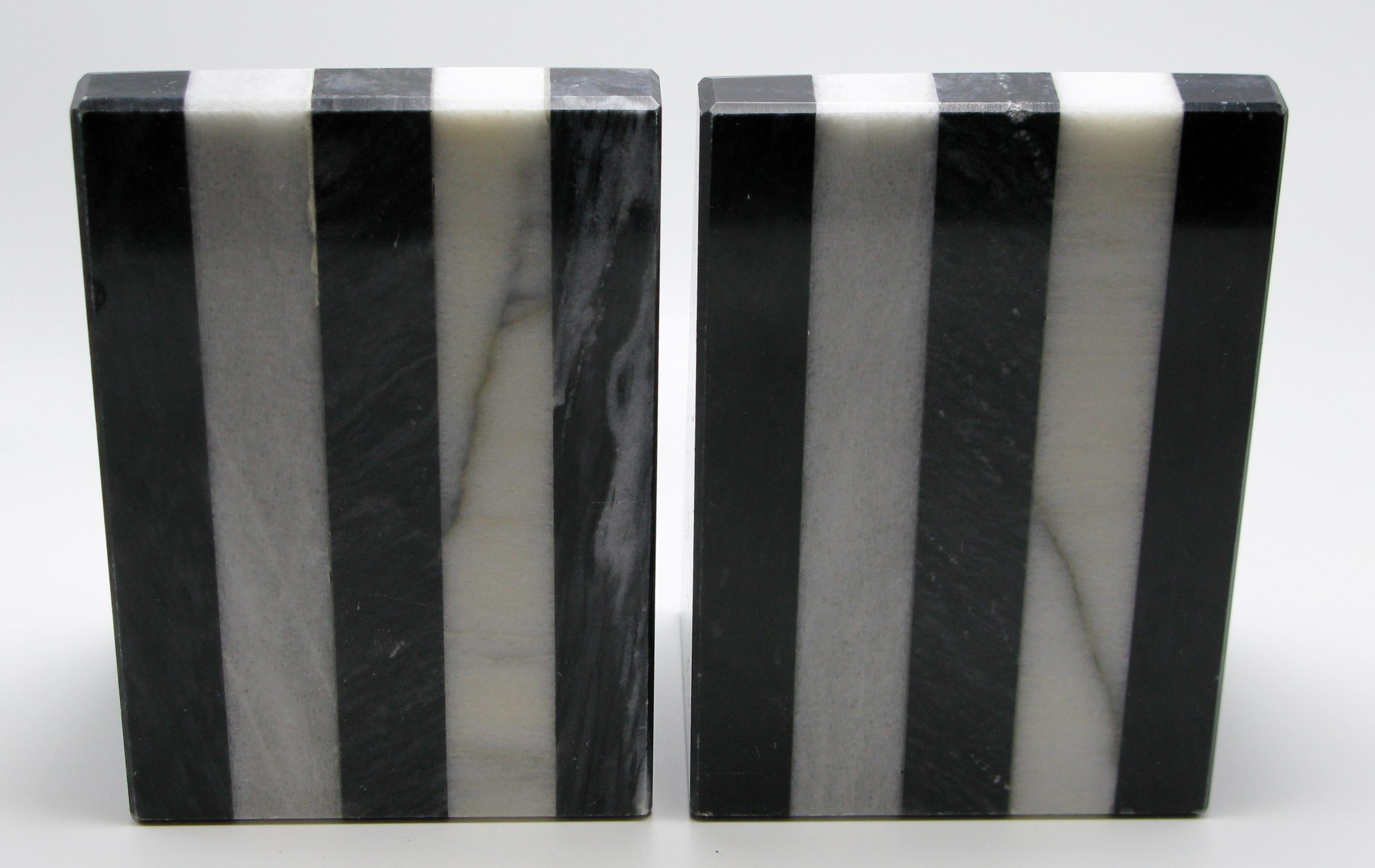 Italian 1980s Black and White Stripe Marble Bookends In Good Condition In New York, NY