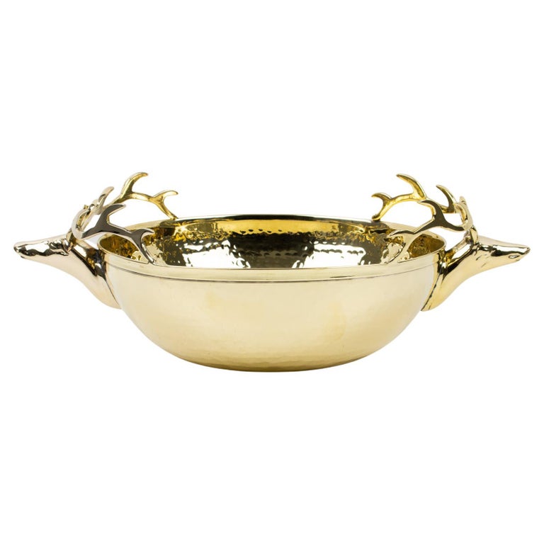 Brass Bowl Centerpiece with Stag Heads, Italy 1980s For Sale at 1stDibs