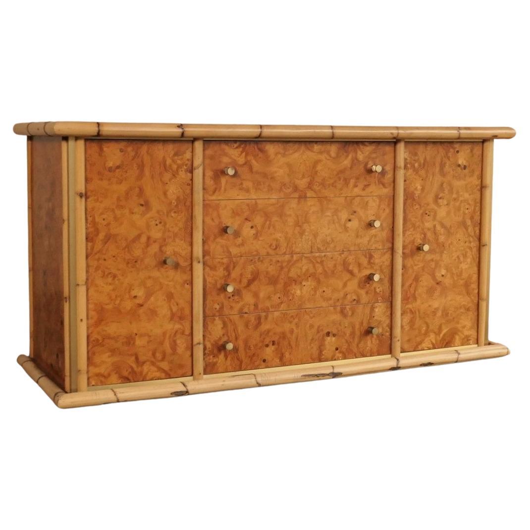 Italian 1980s Burl Bamboo Sideboard with Brass Accents For Sale