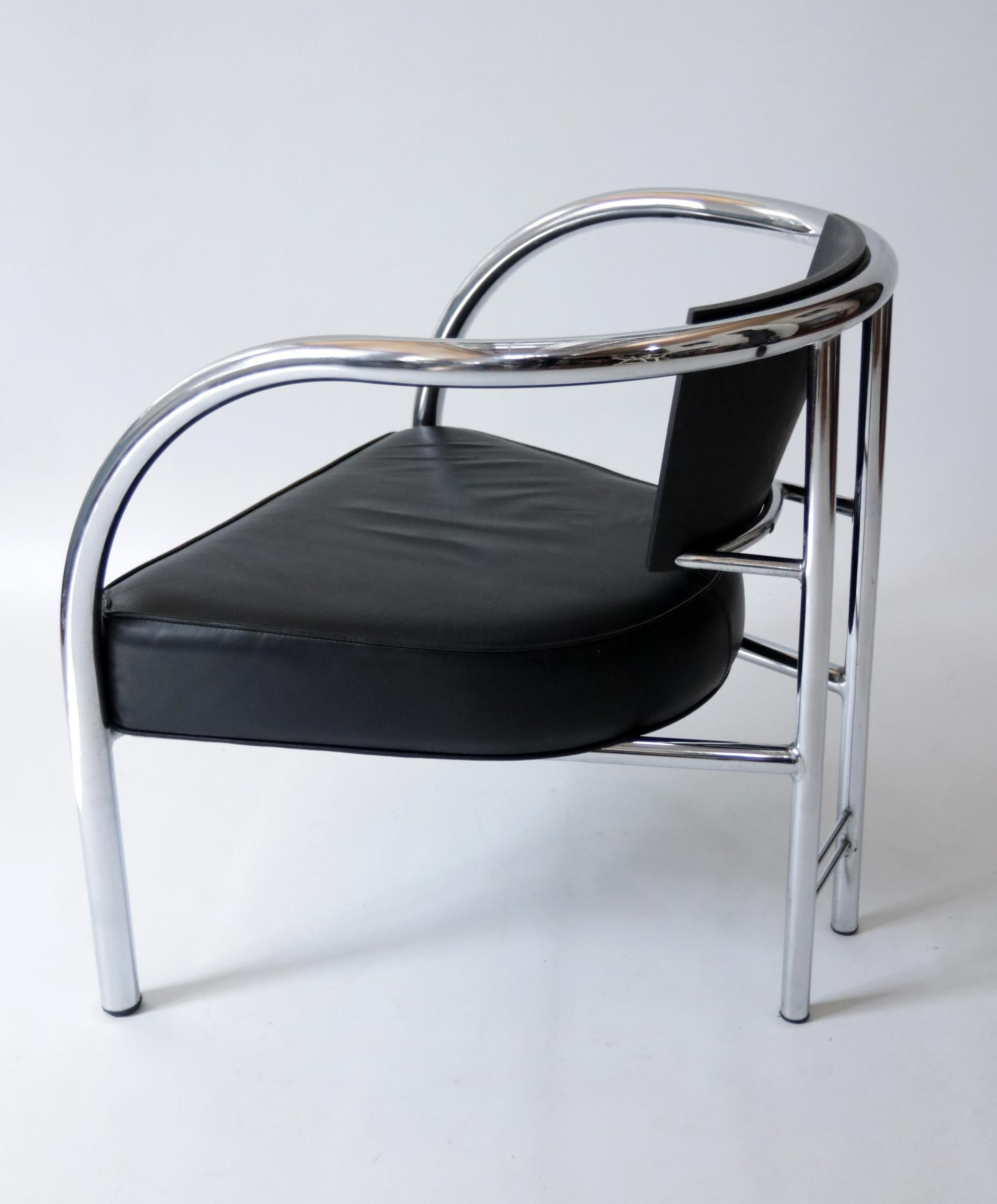 Italian 1980's Design Armchair Tubular Chrome Steel Black Leather For Sale 12