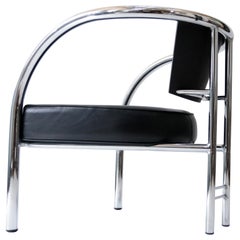 Italian 1980's Design Armchair Tubular Chrome Steel Black Leather