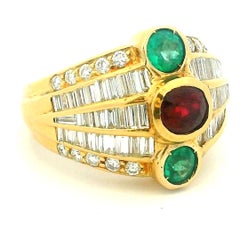 Italian 1980s Emerald, Ruby & Diamond Baguette Cocktail Ring in 18K Yellow Gold