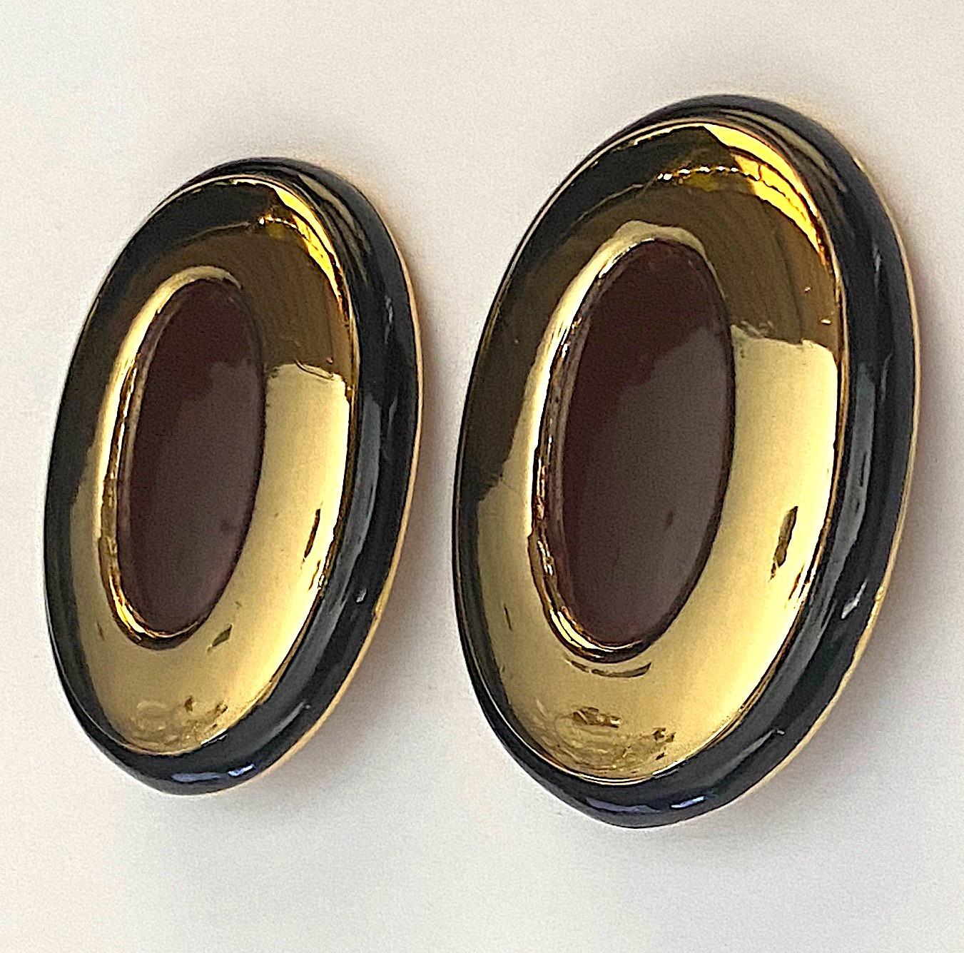 Italian 1980s Large Enamel on Gold Oval Bottom Earrings 6