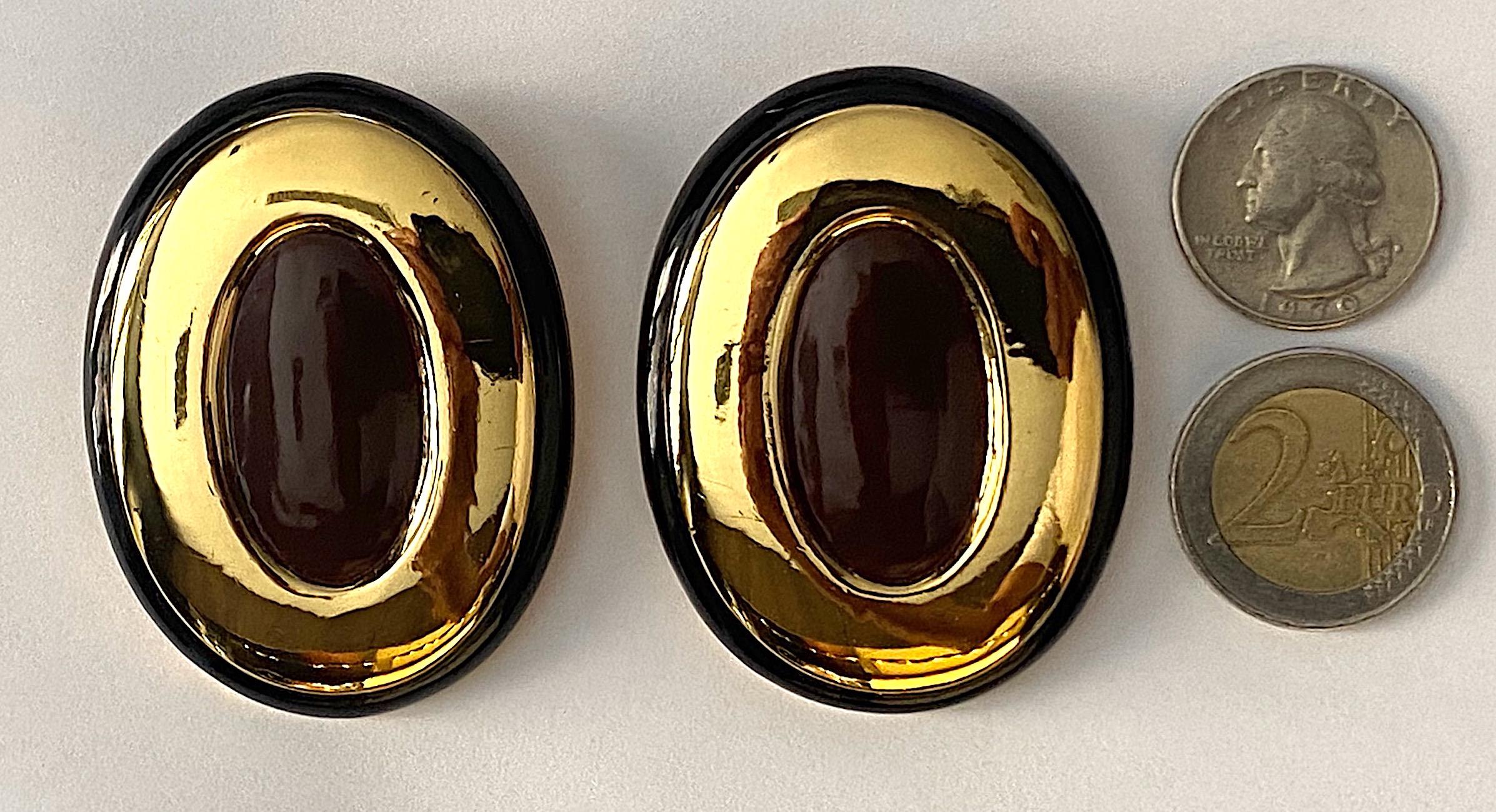 Italian 1980s Large Enamel on Gold Oval Bottom Earrings 1