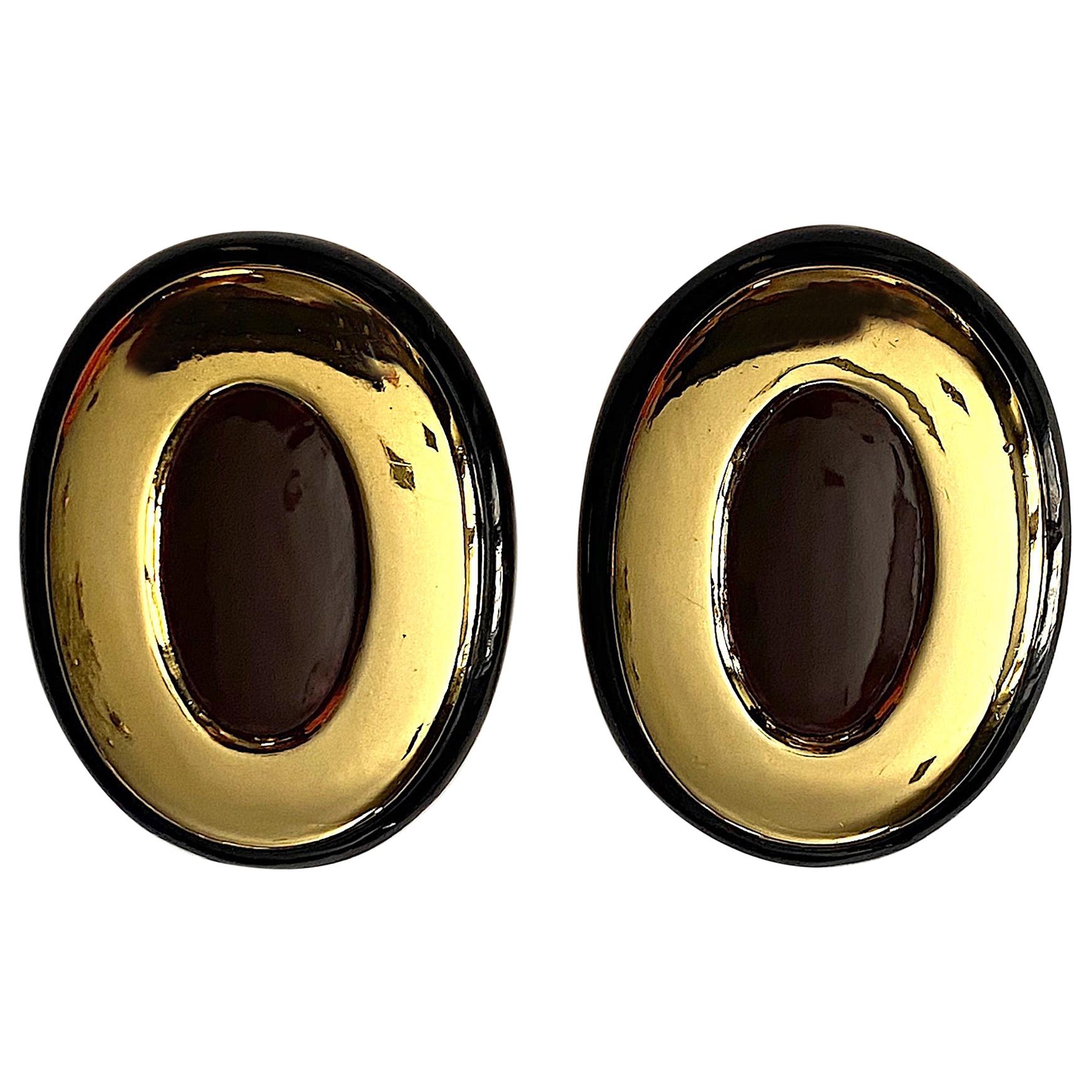 Italian 1980s Large Enamel on Gold Oval Bottom Earrings