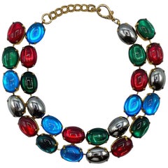 Vintage Italian 1980s Multicolor Glass Cabochon Necklace