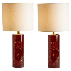 Italian 1980s Pair of Amber Cracked Resin Lamps
