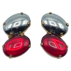 Italian 1980s Red & Silver Glass Cabochon Earrings