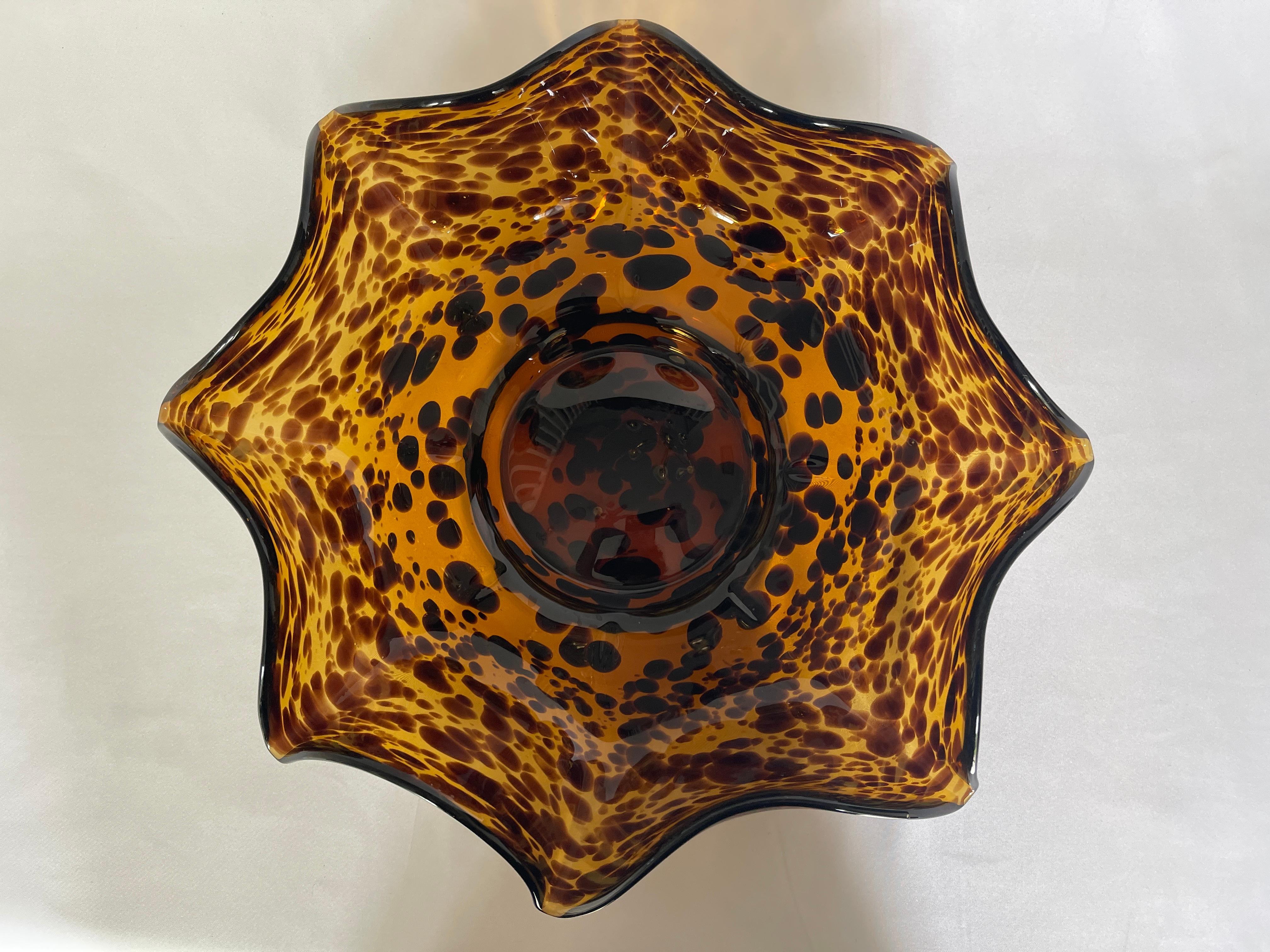Large curved tortoise shell glass centrepiece bowl, c. 1980's Murano, Italy.
    