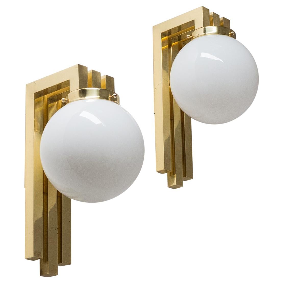 Italian 1980s Wall Lights, Brass and Opaline Glass