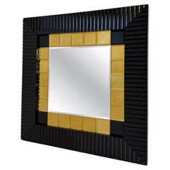 Italian 1980s Wall Mirror with Black Lacquered Frame and Gold Square Inserts
